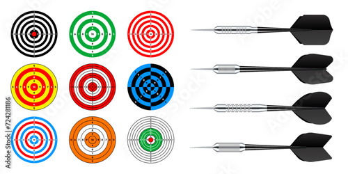 Paper targets with dart arrows. Shooting range round target, divisions, marks and numbers. Gun shooting practise and training, sport competition, hunting. Bullseye and aim. Vector illustration