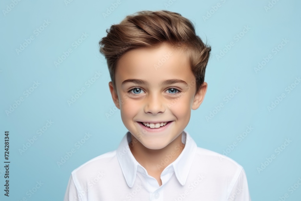 smiling little boy in white shirt looking at camera over blue background smiling little boy in white shirt looking at camera over blue background