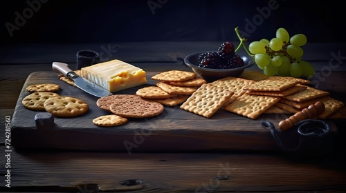crackers and grapes on wooden board and on dark background