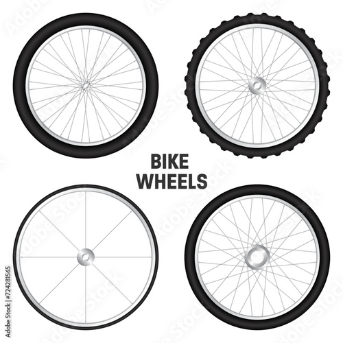 Realistic 3d bicycle wheels. Bike rubber tyres, shiny metal spokes and rims. Fitness cycle, touring, sport, road and mountain bike. Vector illustration