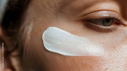 A thin line of cream delicately rests on the woman's skin in a care ritual. Smooth texture of cream on woman's skin in nutrition and hydration skin care routine. photo