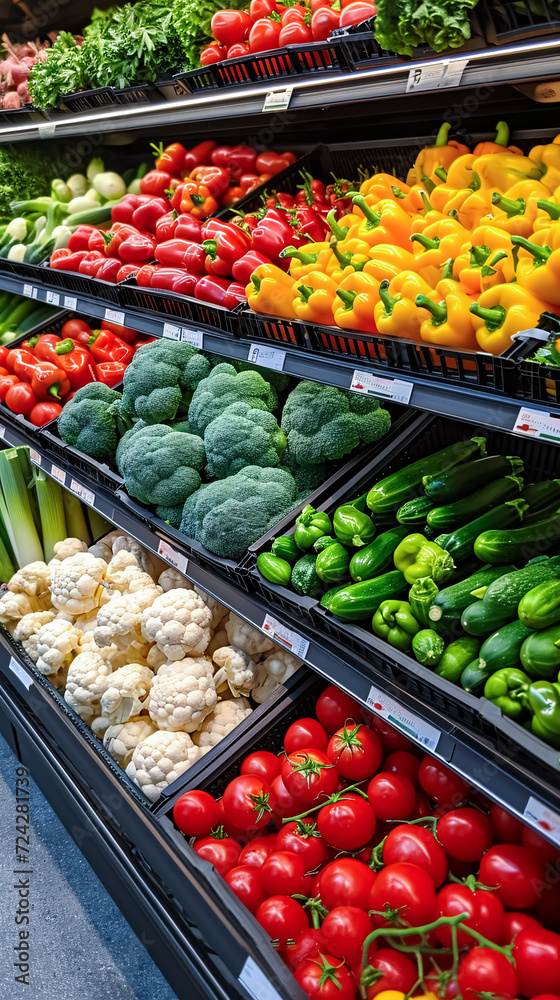 Colorful fresh vegetables on shelves in supermarket, close-up view