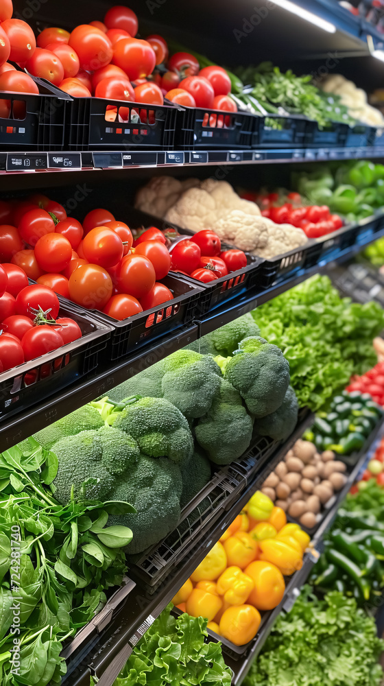 Assortment of fresh vegetables on shelves in grocery store, closeup