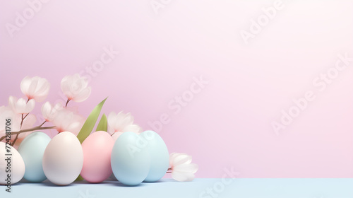 Easter themed pastel palette minimalistic background banner eggs and flowers on the left photo