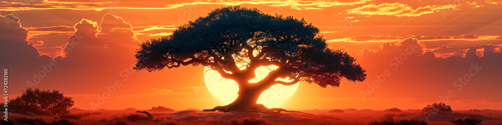 Acacia tree silhouette, rocks and plain grassland field against a setting sun. African savannah sunset landscape. Wild nature, Kenya panoramic view. Black history month concept