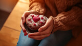 Young woman holding cupcake with heart-shaped fondant, closeup. 