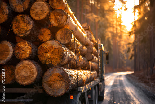 Truck laden with felled trees, depicting the transportation aspect of the logging industry. Copy space
