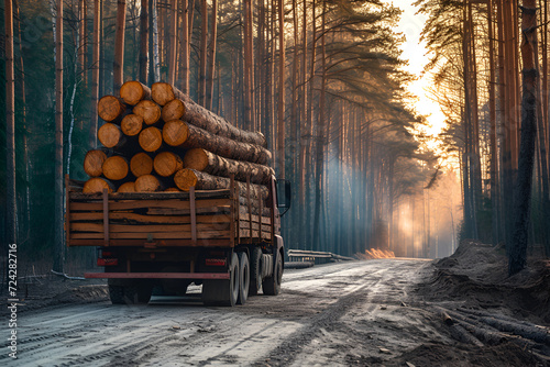 Timber haulage in forest setting, truck transporting cut logs along a dirt road. The global problem of deforestation. Forest Degradation.