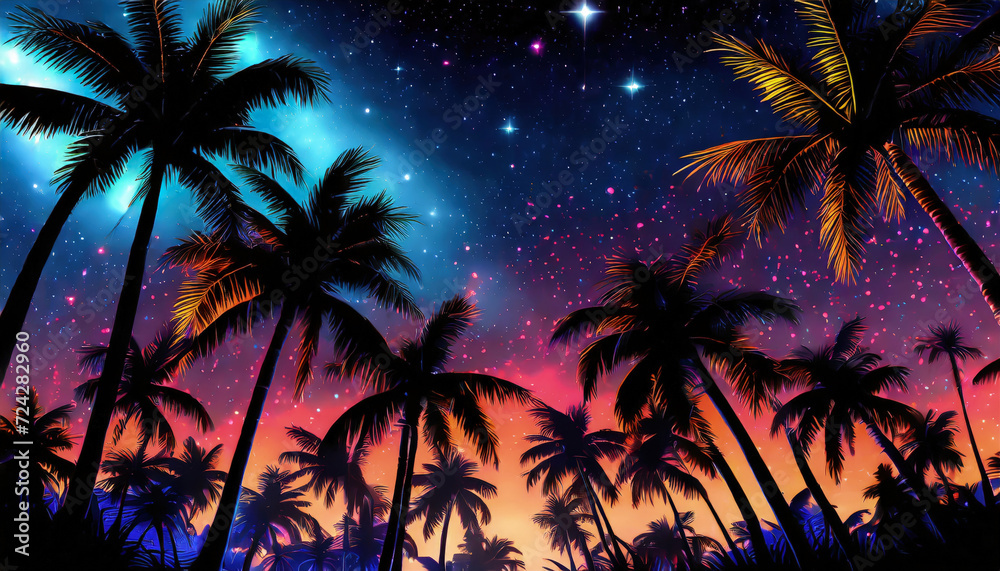 Tropical night with palm tree view on the beach. Generative ai