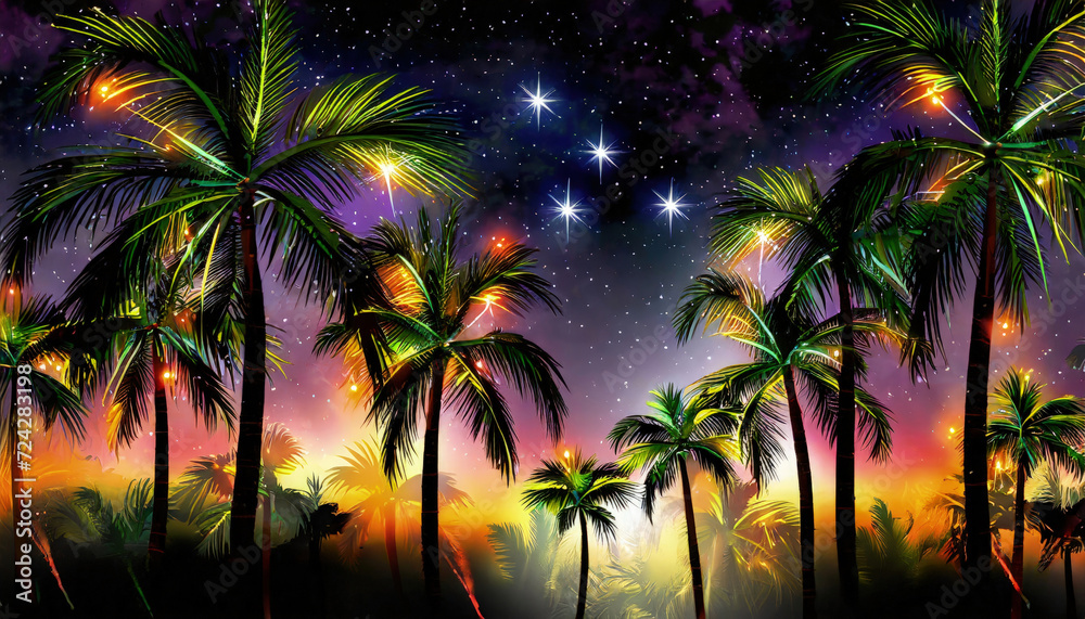 Tropical night with palm tree view on the beach. Generative ai