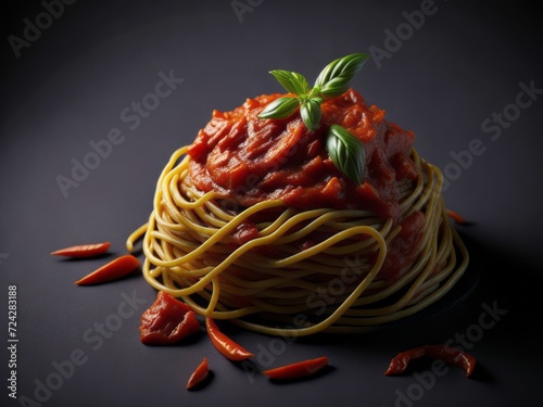 A plate of spaghetti topped with tomato sauce, chili peppers and fresh basil leaves