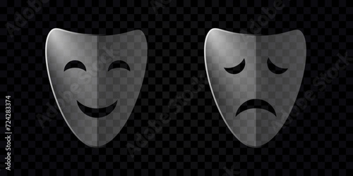 Theater masks with transparent effect isolated on background. Masquerade happy or sad emotion. Smiling icon. Theatrical mask, comic and tragic