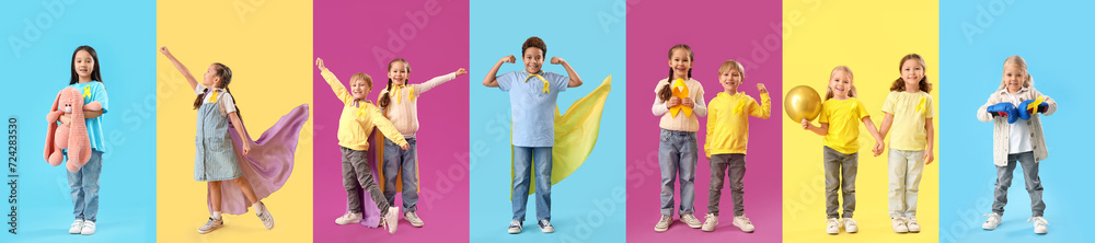 Many children on color background. International Childhood Cancer Day Many children on color background. International Childhood Cancer Day