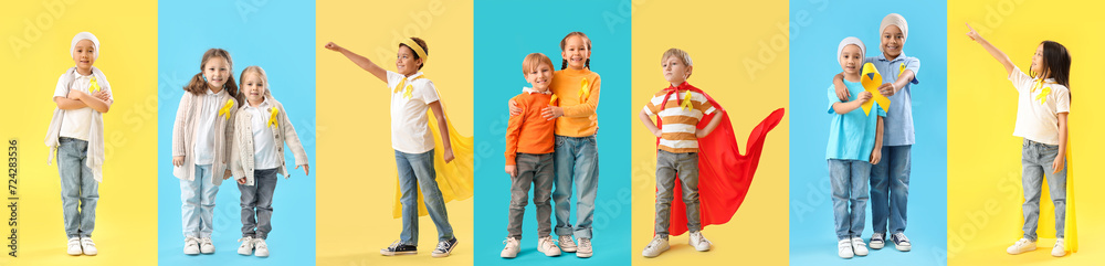 Different children on color background. International Childhood Cancer Day Different children on color background. International Childhood Cancer Day