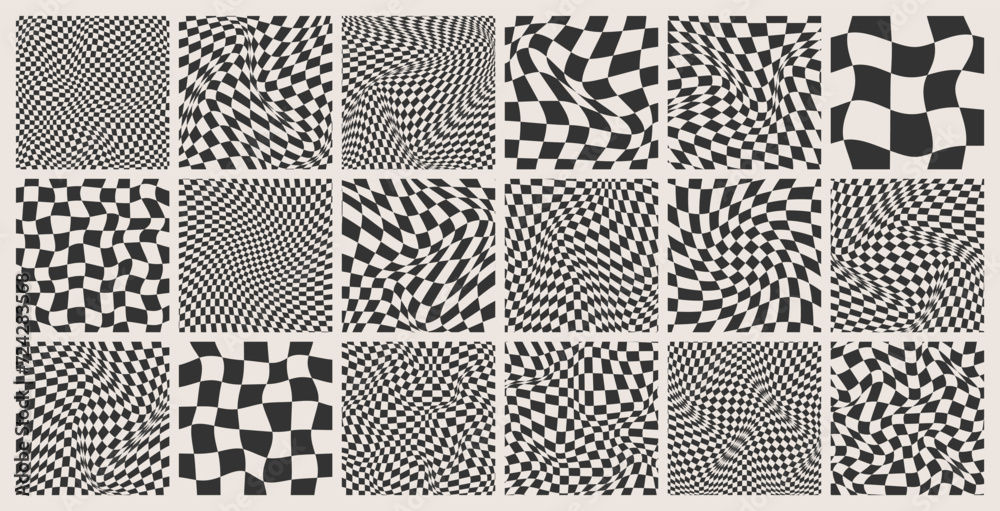 Trendy checkered pattern, black and white distorted tiled grid. Wavy curved backdrop, distortion effect. Funky geometric chessboard texture, retro background in 90s style, y2k. Vector illustration