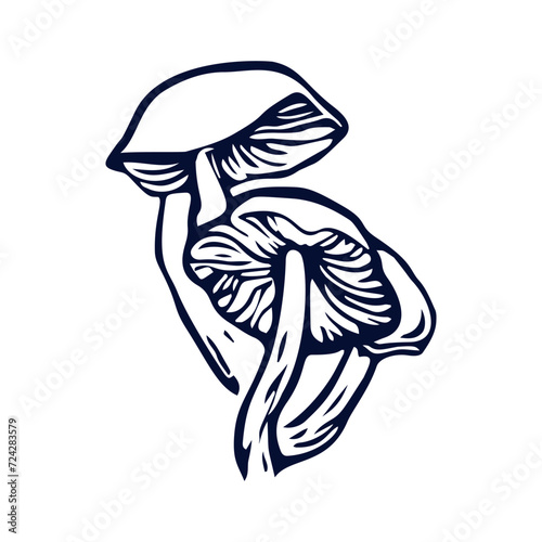 Handmade blockprint mushroom vector motif clipart in folkart scandi style. Simple monochrome linocut fungi shapes with naive rural lineart.