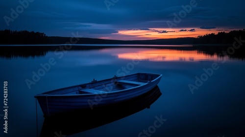 Tranquil wooden boat on lake with reflective dawn sky peaceful nature landscape