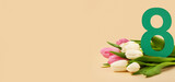 Paper figure 8 and beautiful tulips on beige background with space for text. International Women's Day