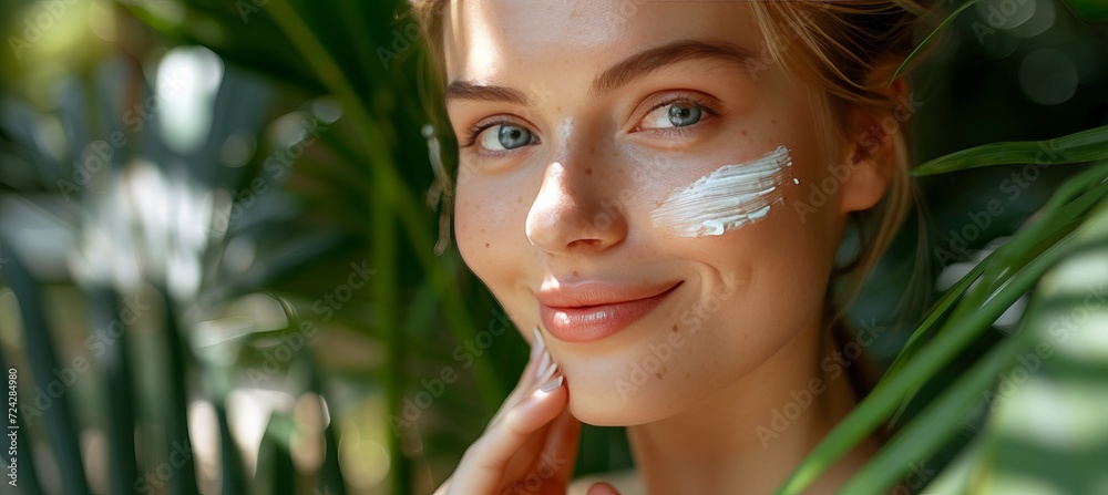 Beautiful woman applying moisturizer cream for cosmetic skin care procedure with copy space Beautiful woman applying moisturizer cream for cosmetic skin care procedure with copy space