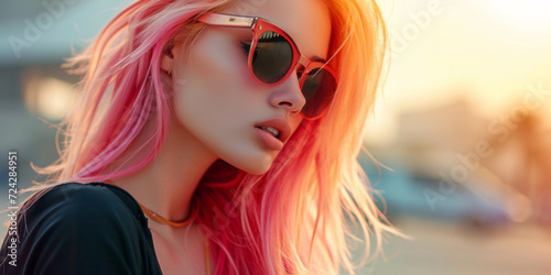 pretty girl with pink hair posing wearing sunglasses, generative AI