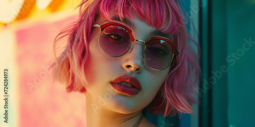 pretty girl with pink hair posing wearing sunglasses  generative AI