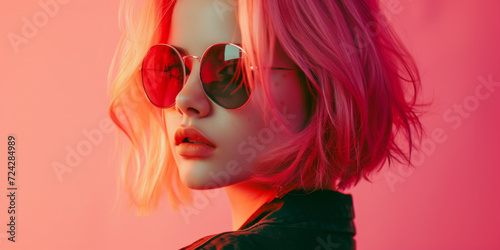 pretty girl with pink hair posing wearing sunglasses, generative AI