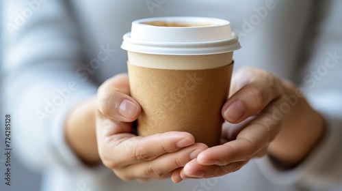 Close up of senior woman holding empty coffee to go paper cup, with focus on details