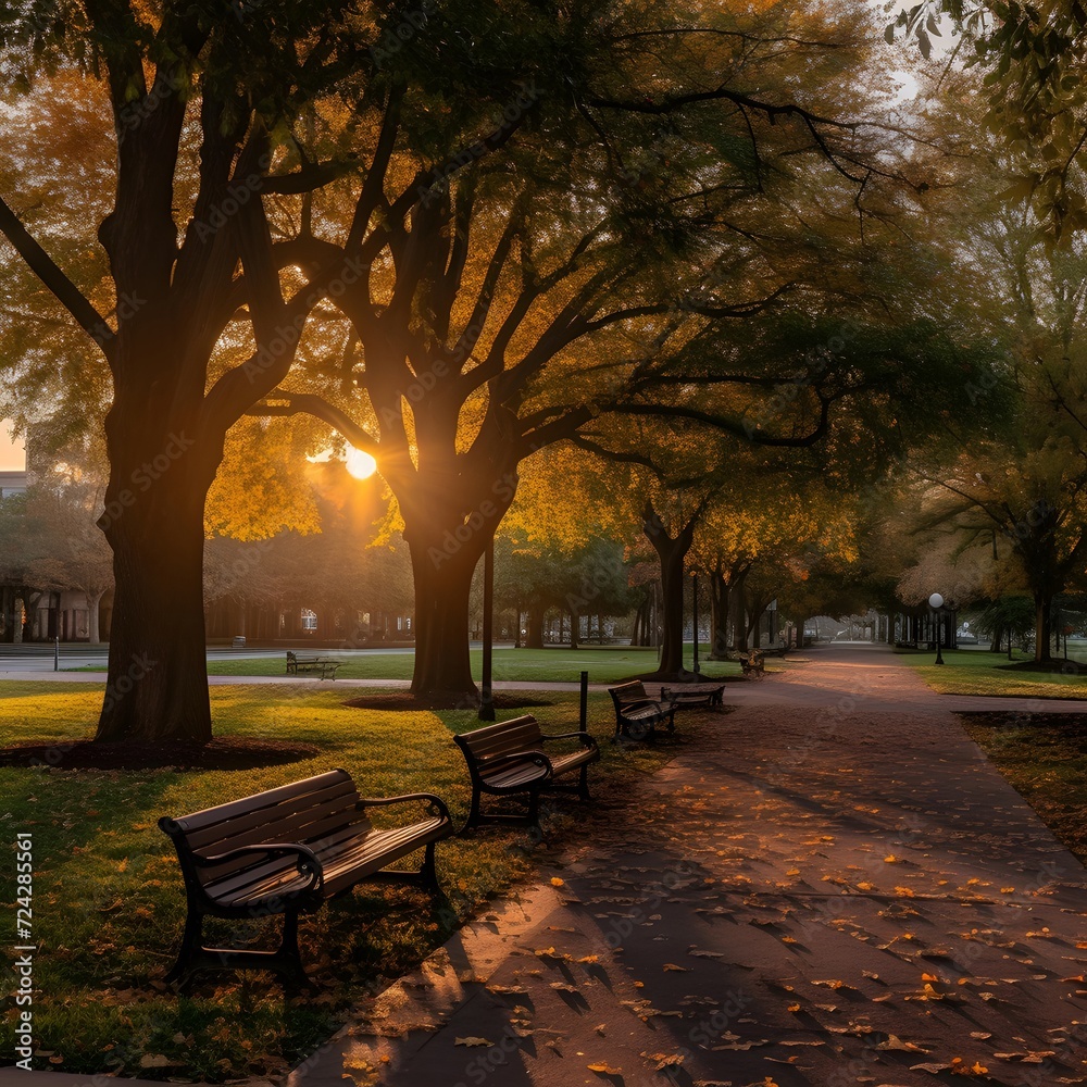 Sunset in the autumn park with benches and trees. Fall season.