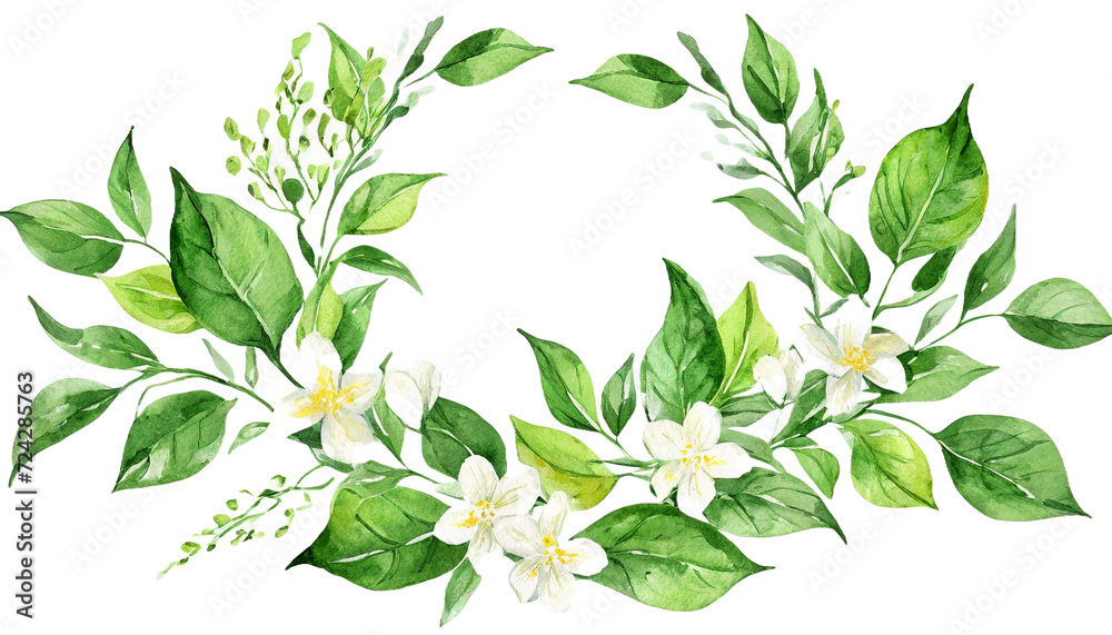 white jasmine flowers and leaves. Watercolor hand drawn illustration, isolated on transparent background