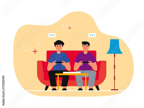 Two boys playing video games. Games vector illustrations.
