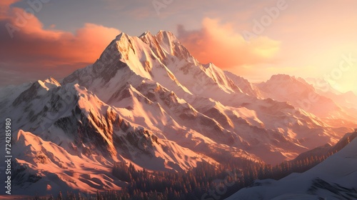 Beautiful panorama of snowy mountains at sunset, 3d render