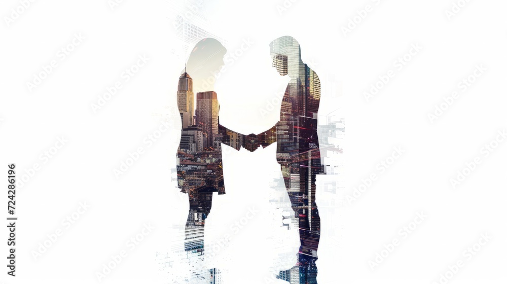 two business men shaking hands in portrait with city background, in the style of ethereal photograms, primitivism, light white and orange two business men shaking hands in portrait with city background, in the style of ethereal photograms, primitivism, light white and orange