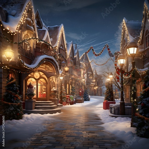 Christmas street decorated with gingerbread houses and garlands in winter night.