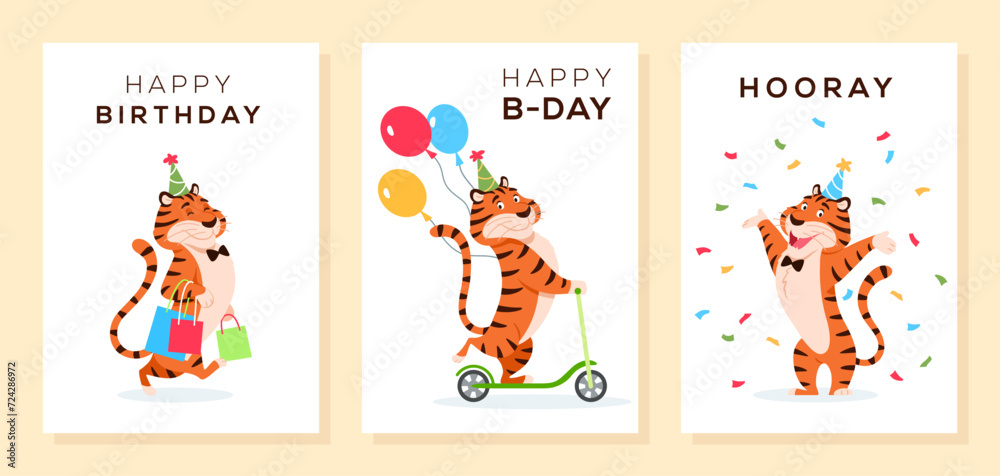 Cartoon smiling tigers with shopping bags, balloon Cartoon smiling tigers with shopping bags, balloon
