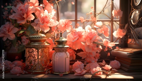 Vintage lanterns with pink flowers and books on the windowsill