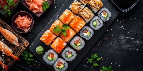 delicious sushi arrangement on minimalist table, Generative AI