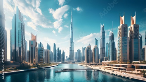 Panoramic view of Dubai Marina and skyscrapers, United Arab Emirates