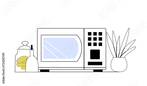 Close up kitchen interior composition of microwave oven, jars and flower pot standing on the table. Outline drawing with minimal colourful parts. photo