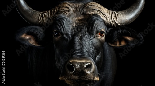 Majestic african buffalo close up portrait isolated on dark black background with dramatic lighting photo