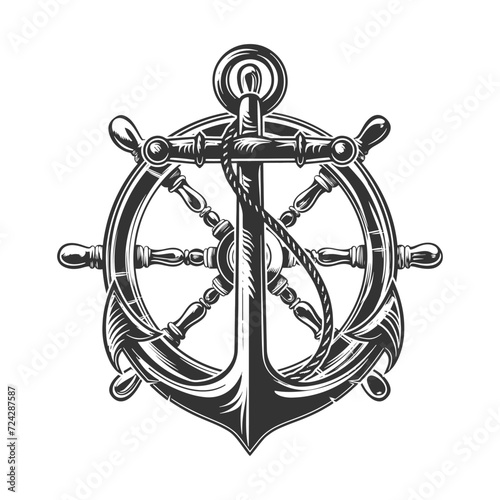 Anchor and Wheel Rudder Illustration Clip Art Design Shape. Nautical Silhouette Icon Vector.