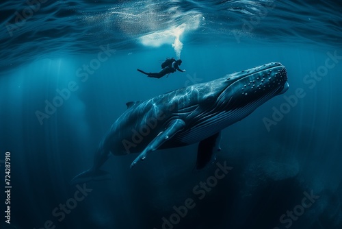 a small diver greats a large whale © StockUp
