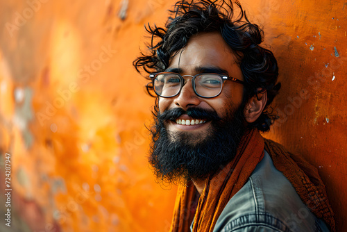 Portrait of a successful smiling bearded man in glasses on an orange background