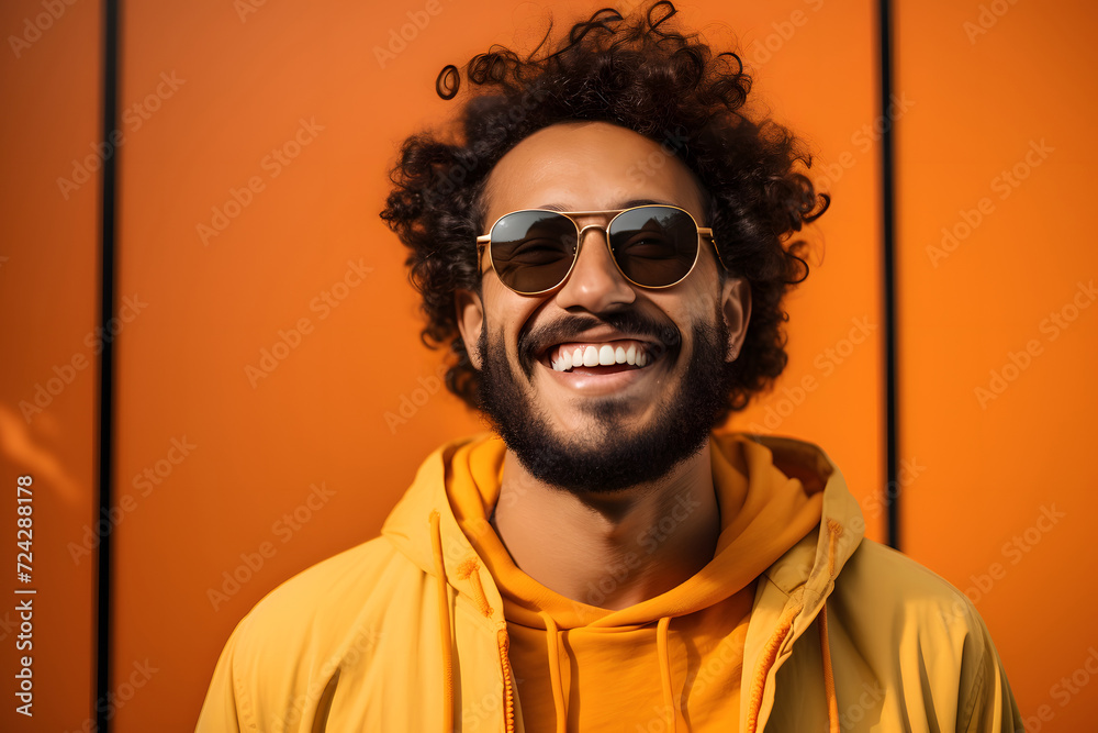 Portrait of a successful smiling bearded hispanic man in glasses on an orange background Portrait of a successful smiling bearded hispanic man in glasses on an orange background