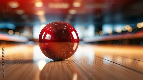 Bowling strike ball crashing into pins on alley line, sport competition or tournament concept