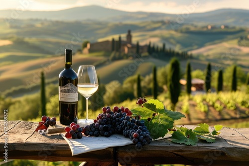 Chianti Charm: Amidst the Intense Tuscan Sun, a Table Radiates Elegance with a Chianti Classico Bottle, a Classic Wine Glass, and a Cluster of Sangiovese Grapes.