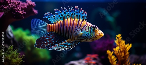 Vibrant tropical fish in lit aquarium close up showcasing intricate scales and vivid colors.