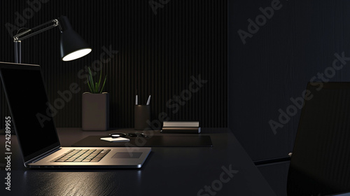 Desk background with blank computer screen. Workspace with mockup blank screen laptop computer. wallpaper luxury and minimal workspace with blank computer screen
