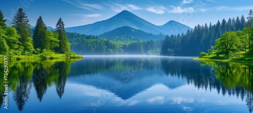 Majestic panoramic view of serene alpine lake with misty foggy mountain background