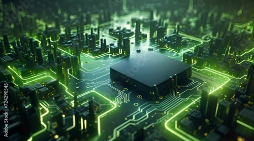 Futuristic Circuit City: A Microchip-Inspired Metropolis Glowing with the Energy of Technology.