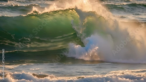 Closeup sunlit wave swells crashes against sandy beach, sunlight bouncing white foam. photo